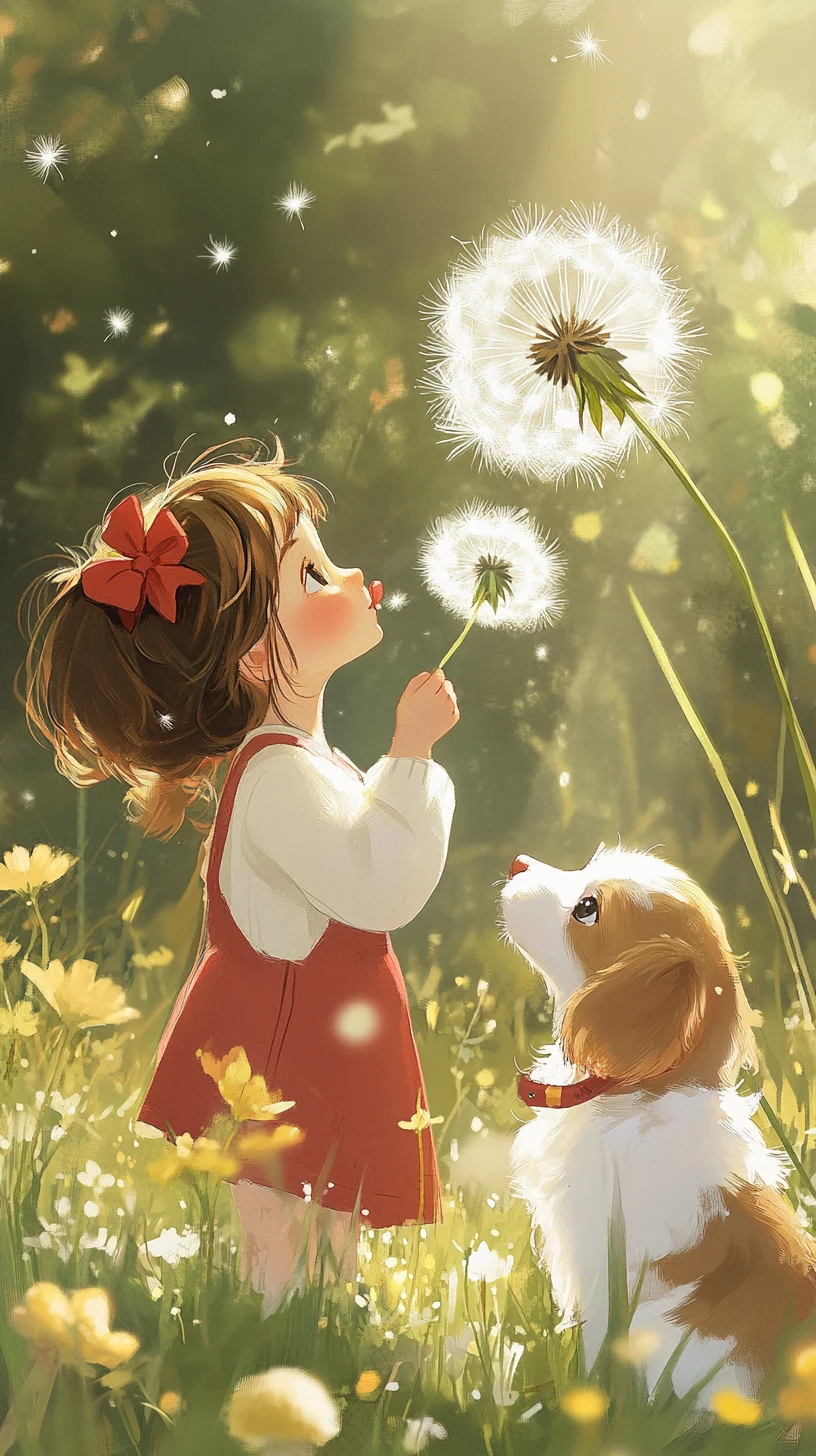 Junges Mädchen und Welpe spielen mit Pusteblumen auf der Wiese