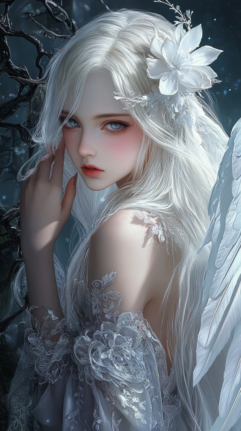 Melancholic angelic anime woman with luminous white wings