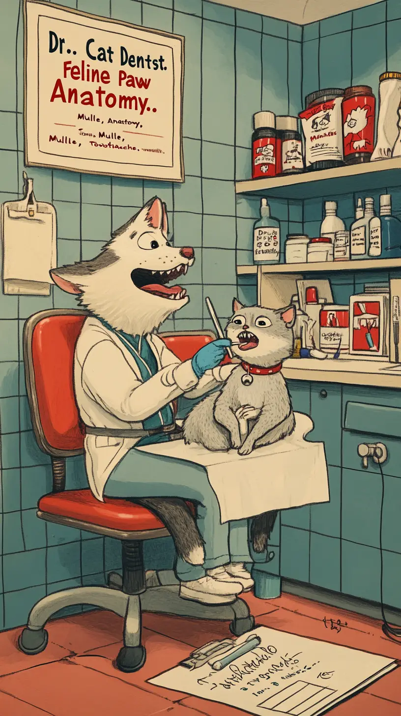 Cartoon dog dentist treating a gray cat in clinic
