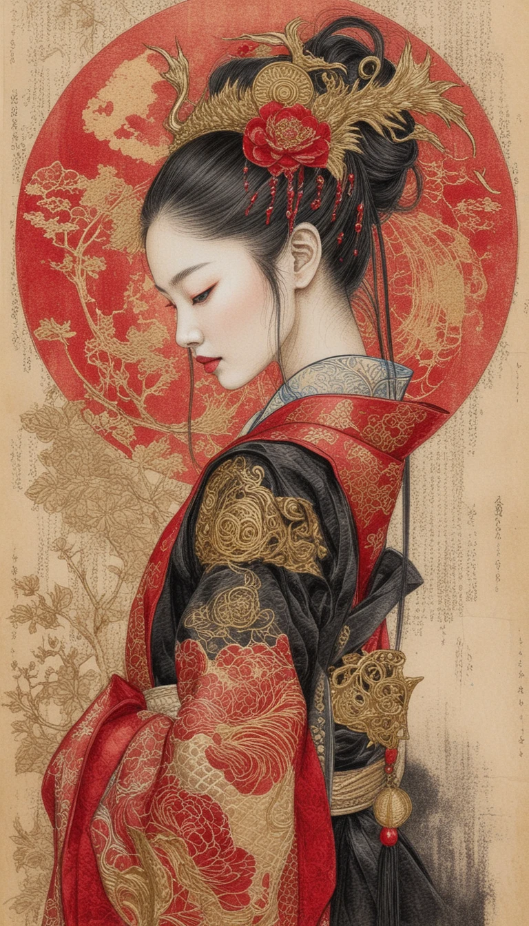 Perfil elegante de uma mulher em quimono ornamentado com dragão