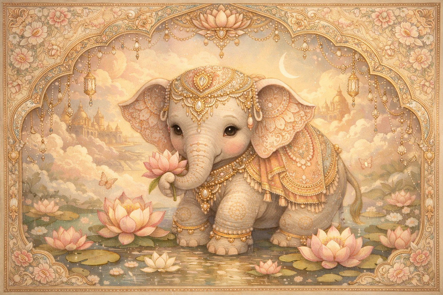 Ilustração de filhote de elefante com padrões de henna ornamentados e toques de dourado