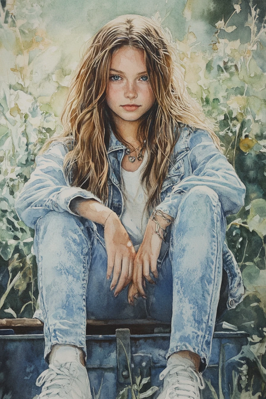 Teen girl sitting on suitcase in a magical garden