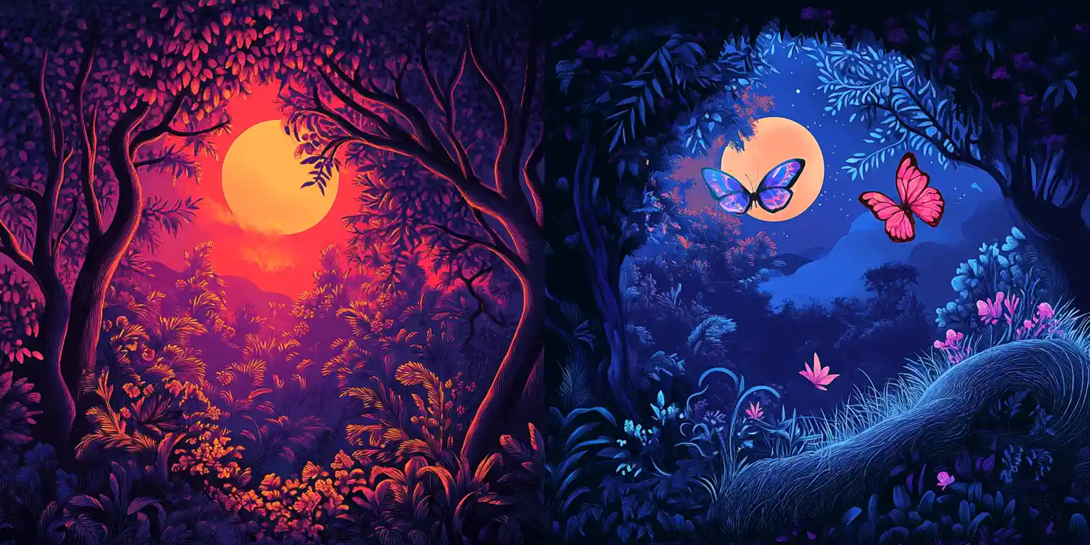 Dittico fiabesco di una foresta fantastica illuminata dalla luna