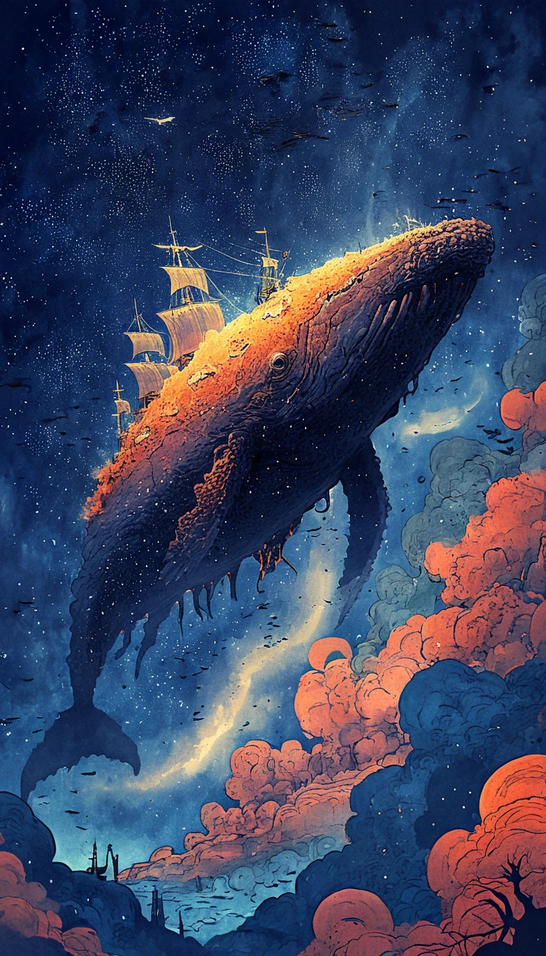 Baleia gigantesca carregando um navio por um céu noturno brilhante