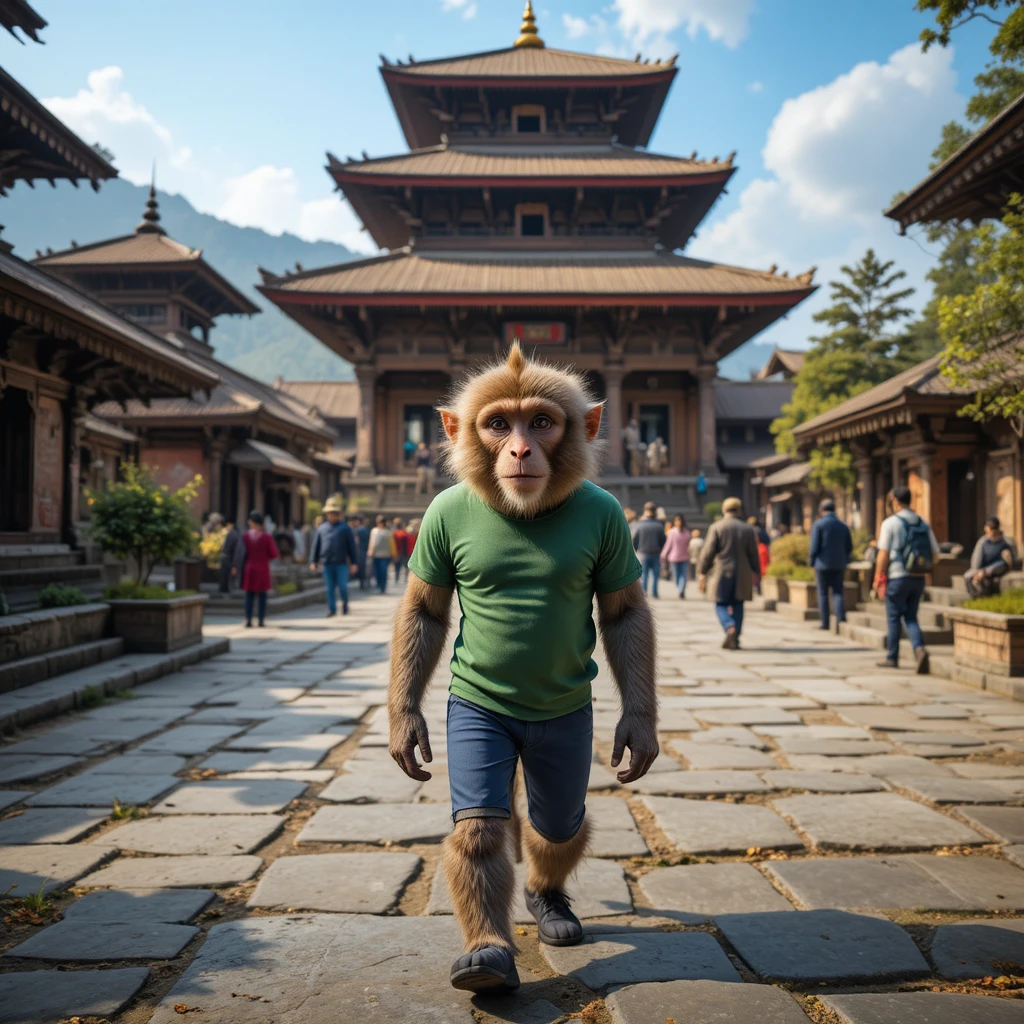 穿著衣服的寫實猴子走過印度教寺廟