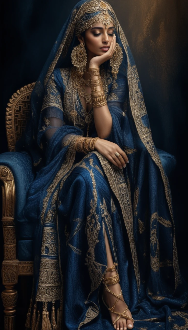 Elegante mulher árabe em traje cerimonial em cadeira entalhada