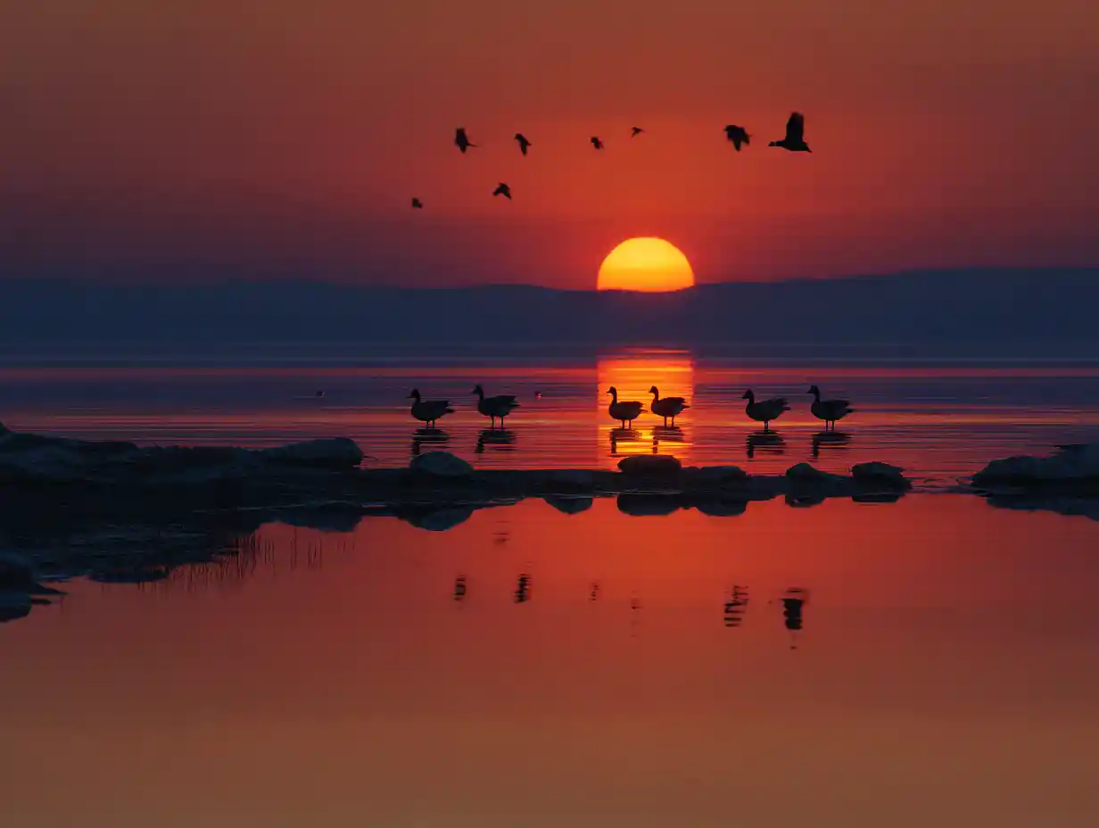 Peaceful sunset over a tranquil lake with ducks swimming