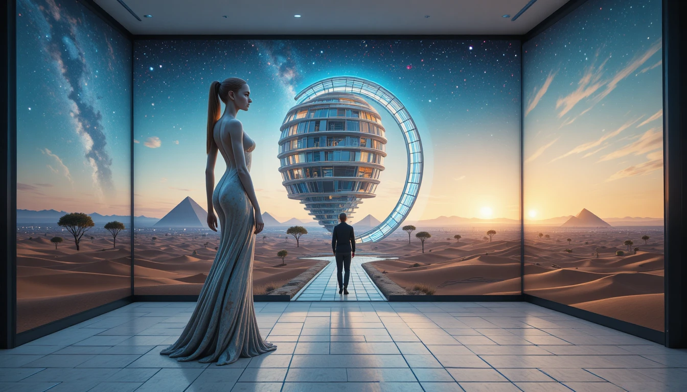 Futuristischer Spiralmuschelturm in surrealer Wüstendämmerung