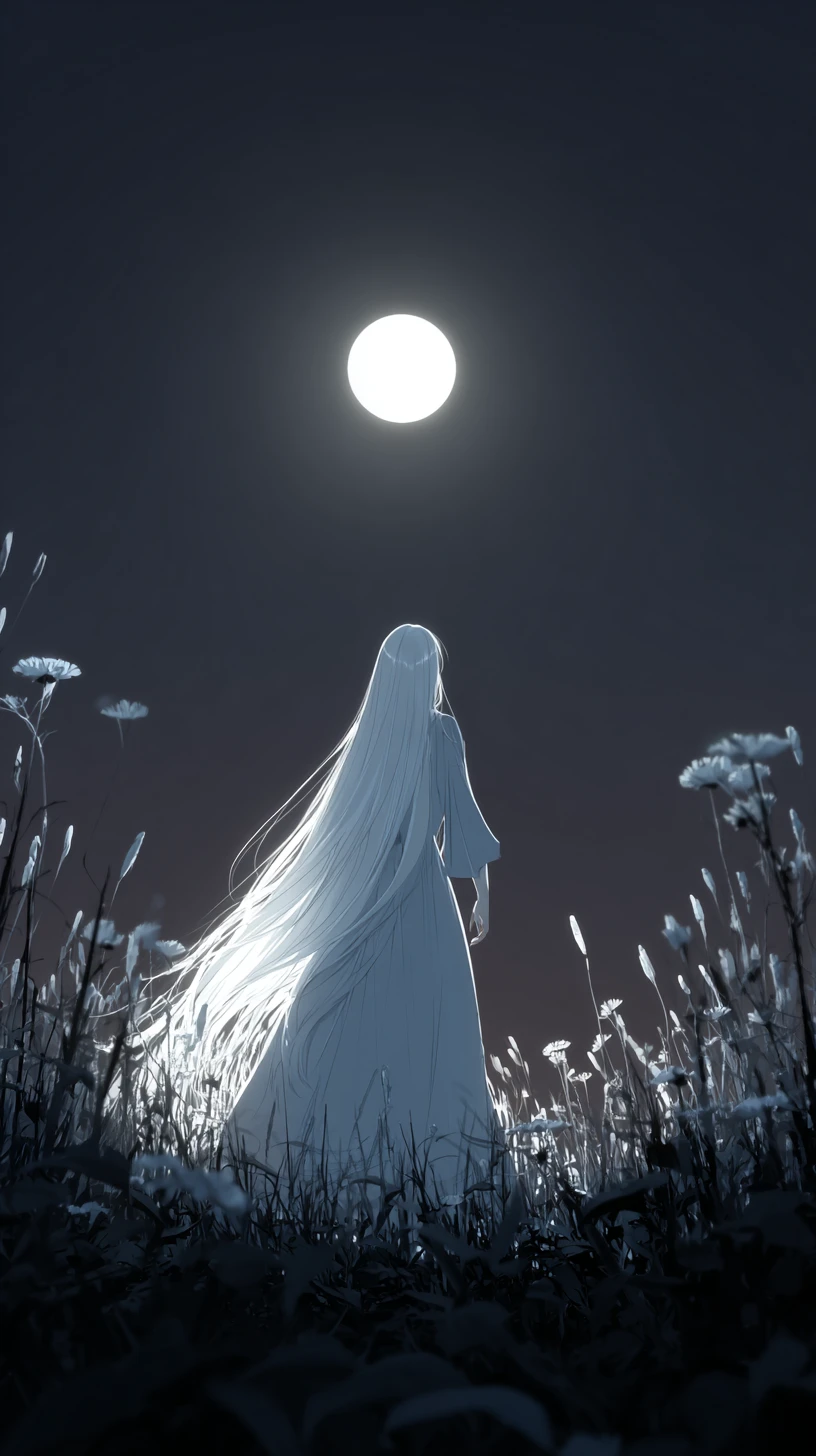 Chica de anime a la luz de la luna con largo cabello blanco en un campo