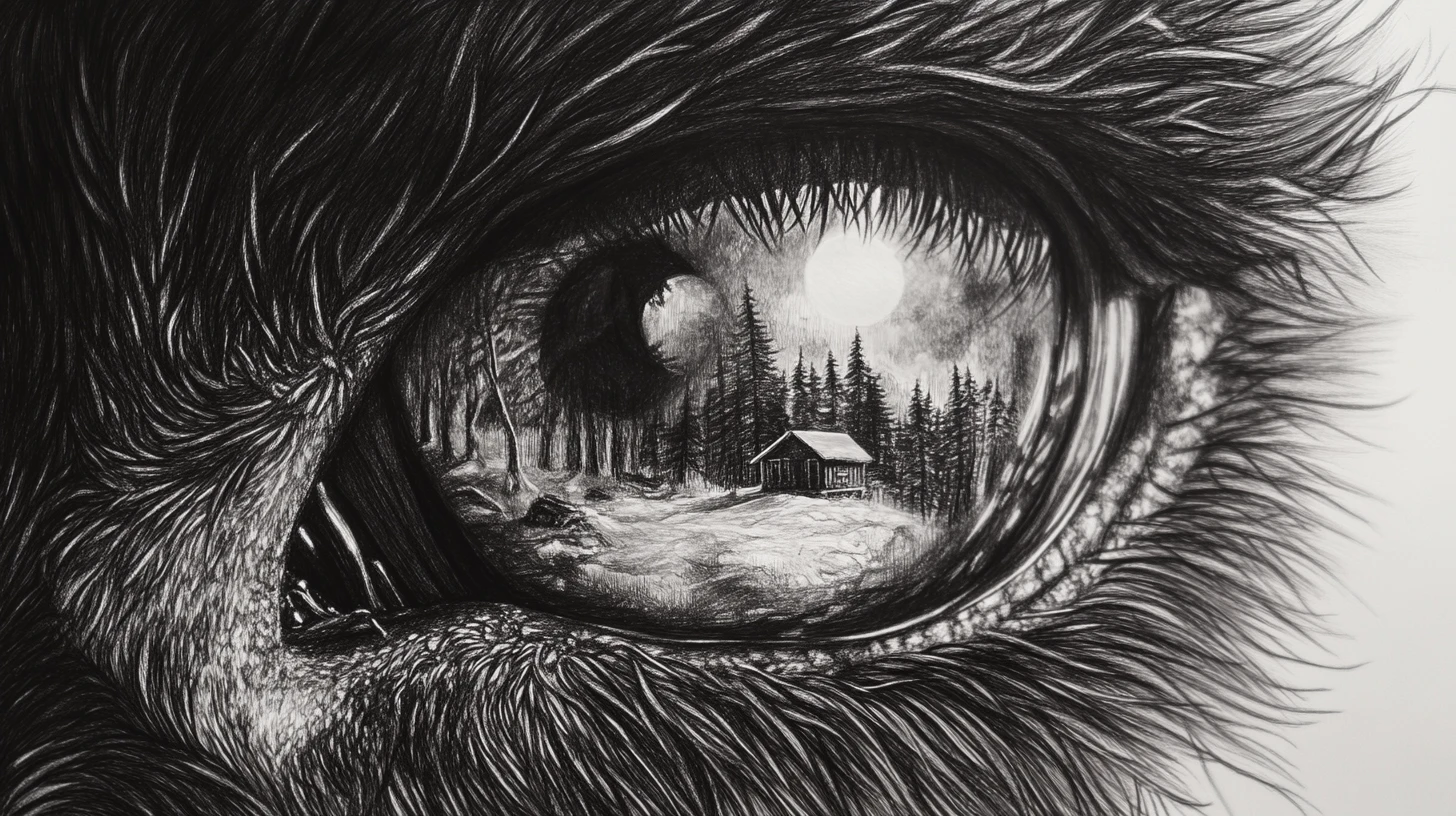 Ilustração em grafite em close extremo do olho de um lobo