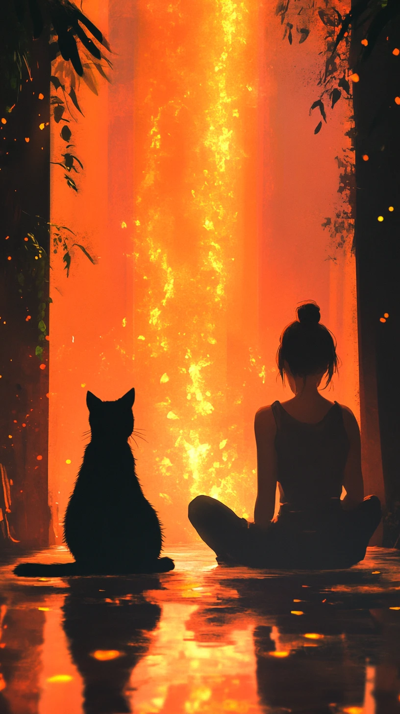 Chica y gato negro en cámara neblinosa y luminosa