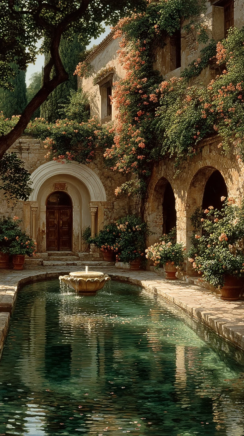 Pátio de jardim mourisco banhado de sol com fonte de mármore