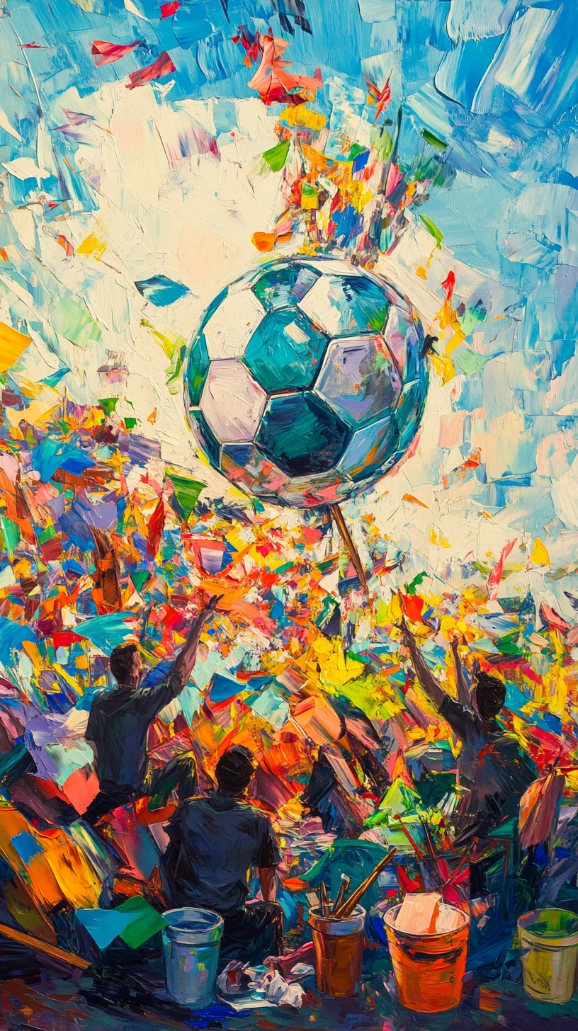 Artistas pintando um mural de futebol colorido em um muro da cidade