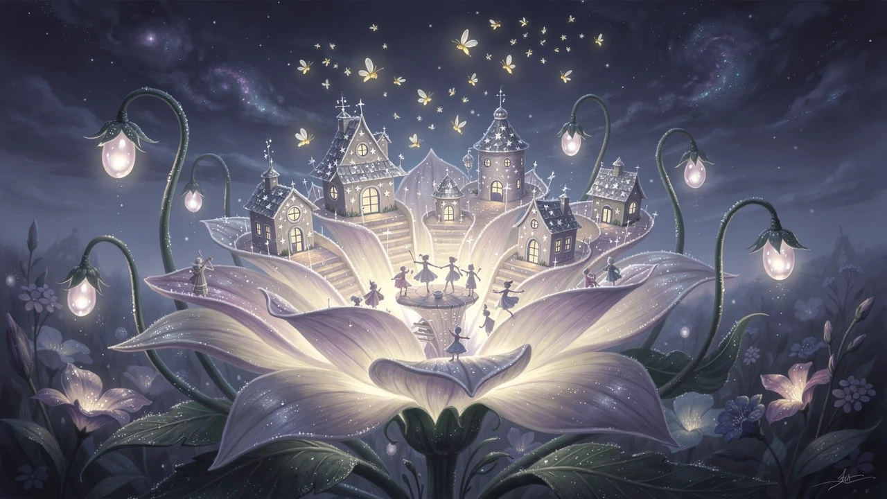 Pequena cidade de fantasia sobre pétalas luminosas de flor da lua à noite