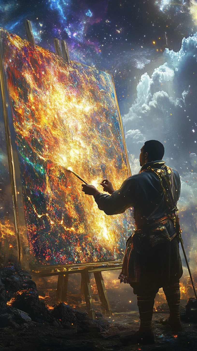 Uomo che dipinge un vasto murale cosmico con motivi divini