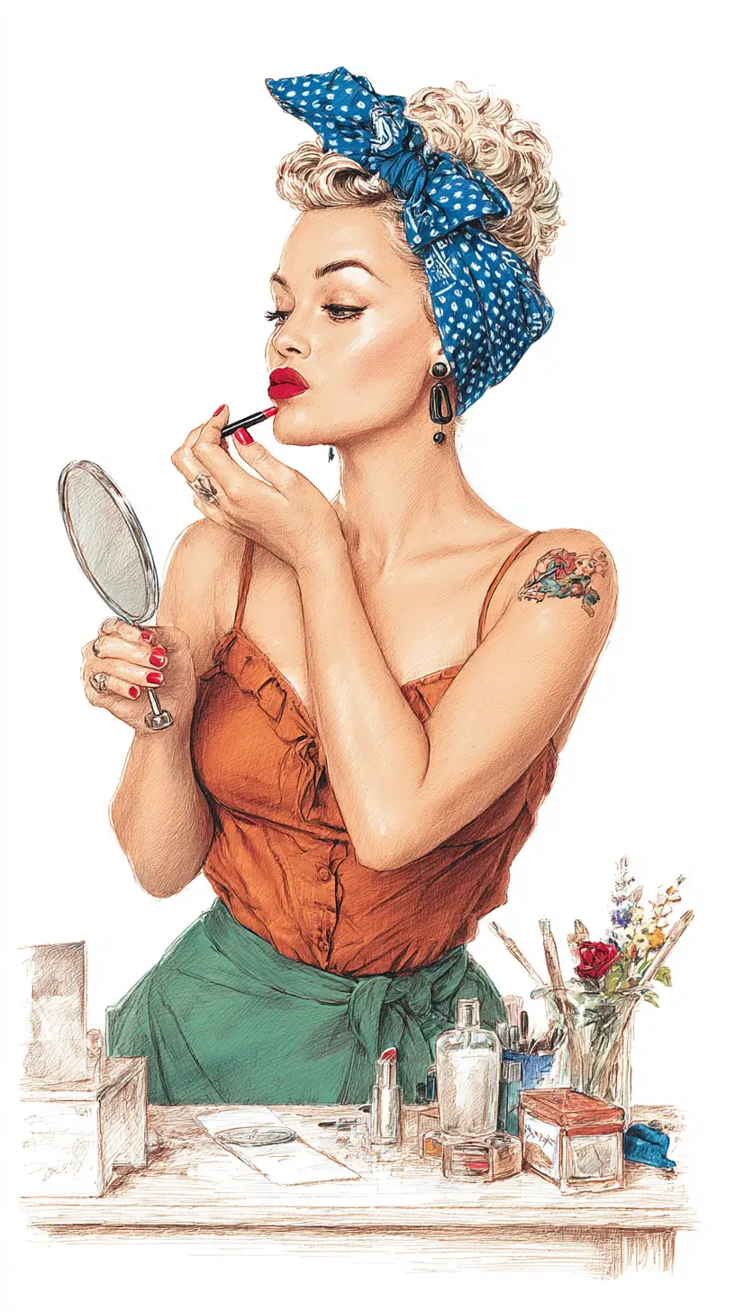 Femme pin-up blonde appliquant un rouge à lèvres rouge à sa coiffeuse