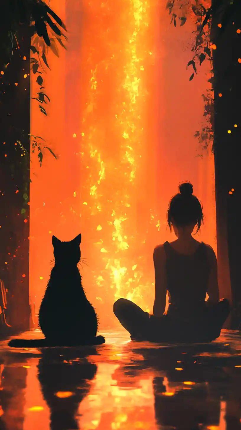 Girl and black cat in glowing misty chamber