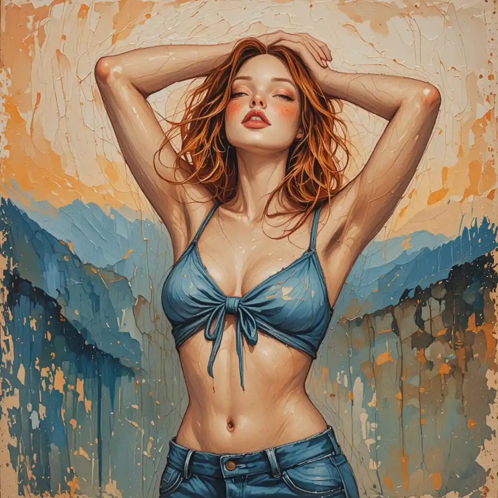 따뜻한 석양 하늘 아래에서 자신 있게 포즈를 취하는 젊은 여성