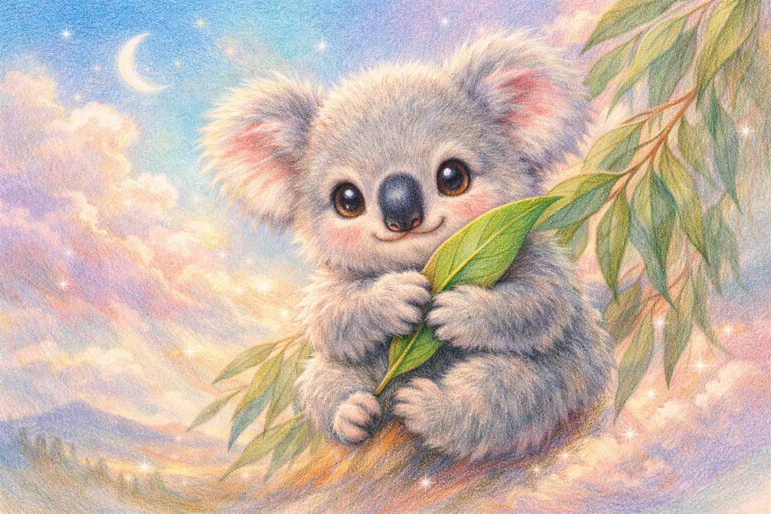 Filhote de coala segurando folha de eucalipto em ilustração em tons pastéis