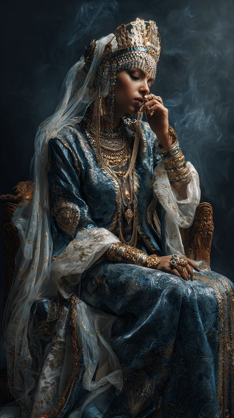 Elegante mulher árabe em vestido cerimonial ornamentado e joias