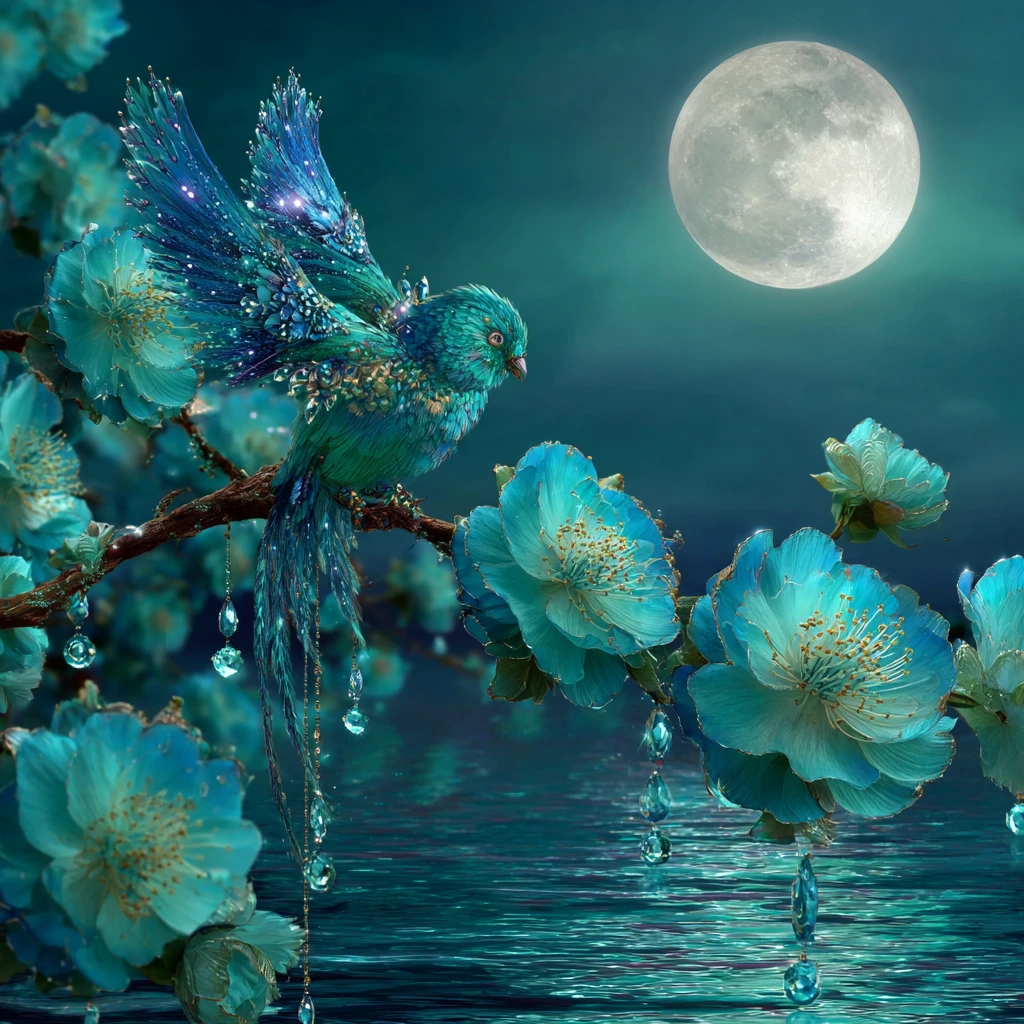 Fée éthérée sur une branche en fleurs sous la pleine lune lumineuse