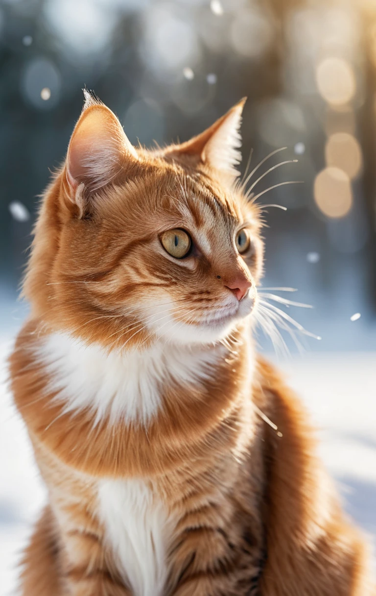 Gato ruivo em close observando um pequeno pássaro na neve