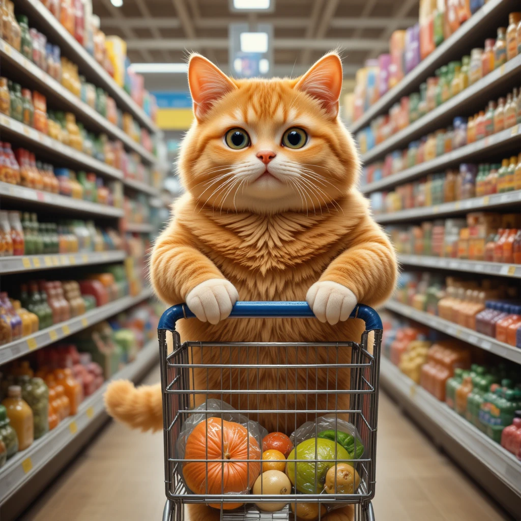 Gato naranja de compras con un carrito lleno en el supermercado