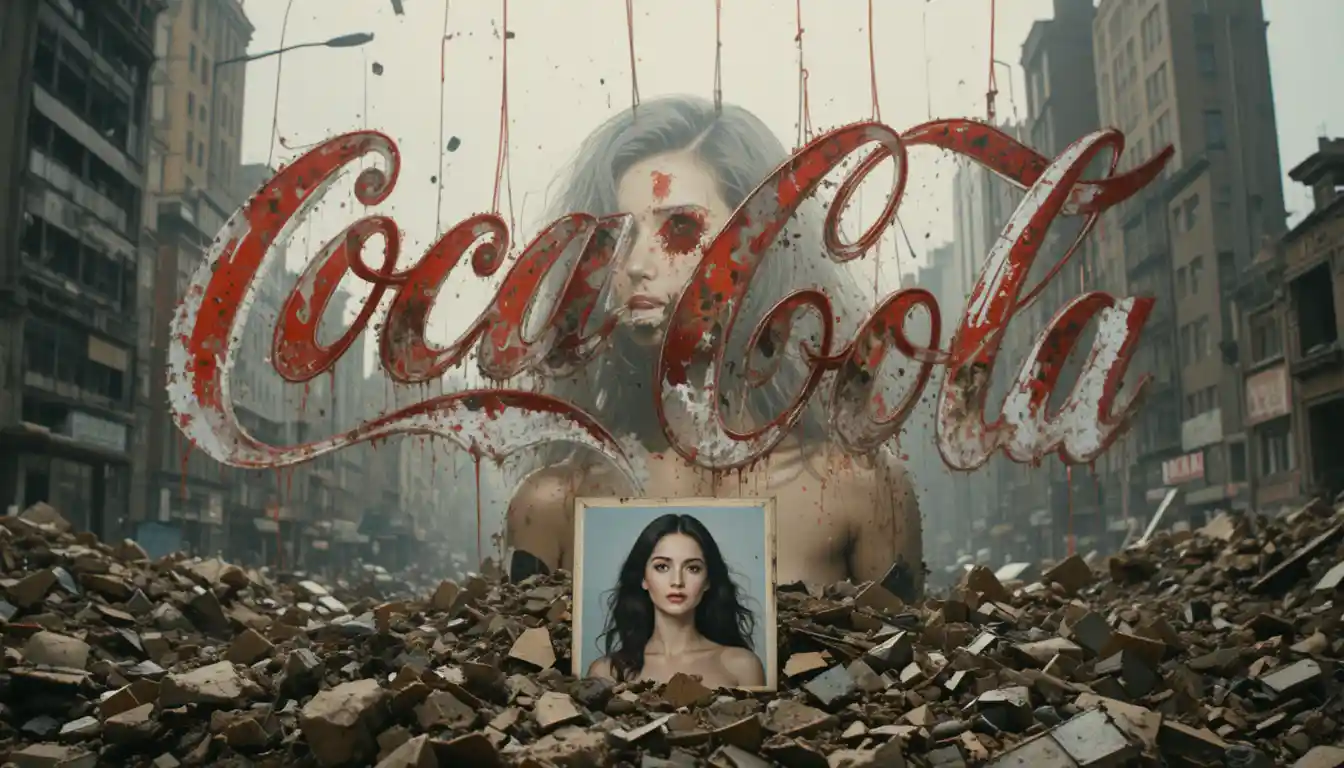 Brunette woman in gritty city Coke style poster scene