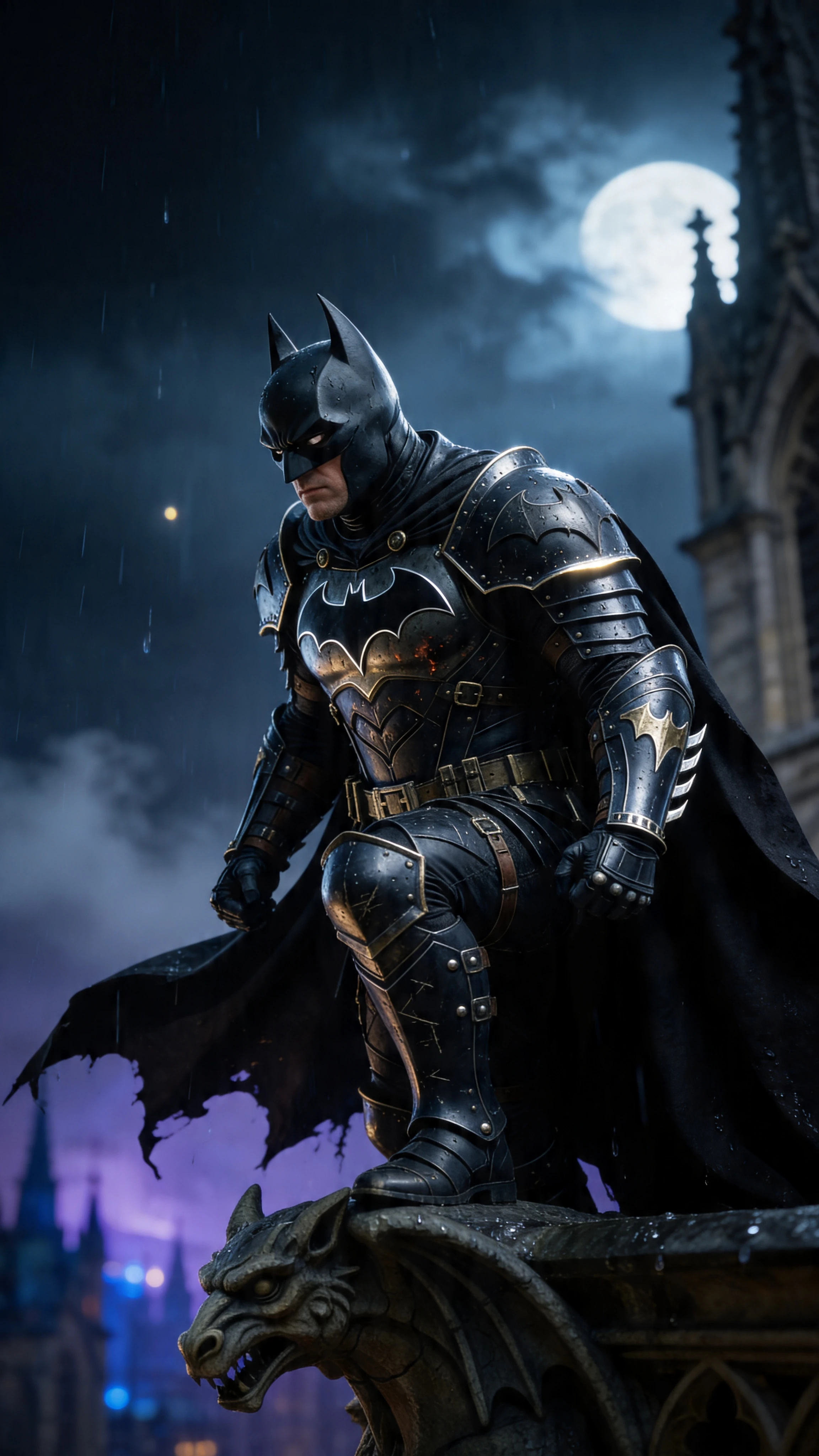 Dark knight on gothic gargoyle under moody moonlight