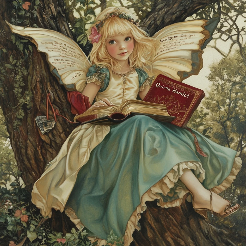 Young girl with books sitting on a forest tree trunk