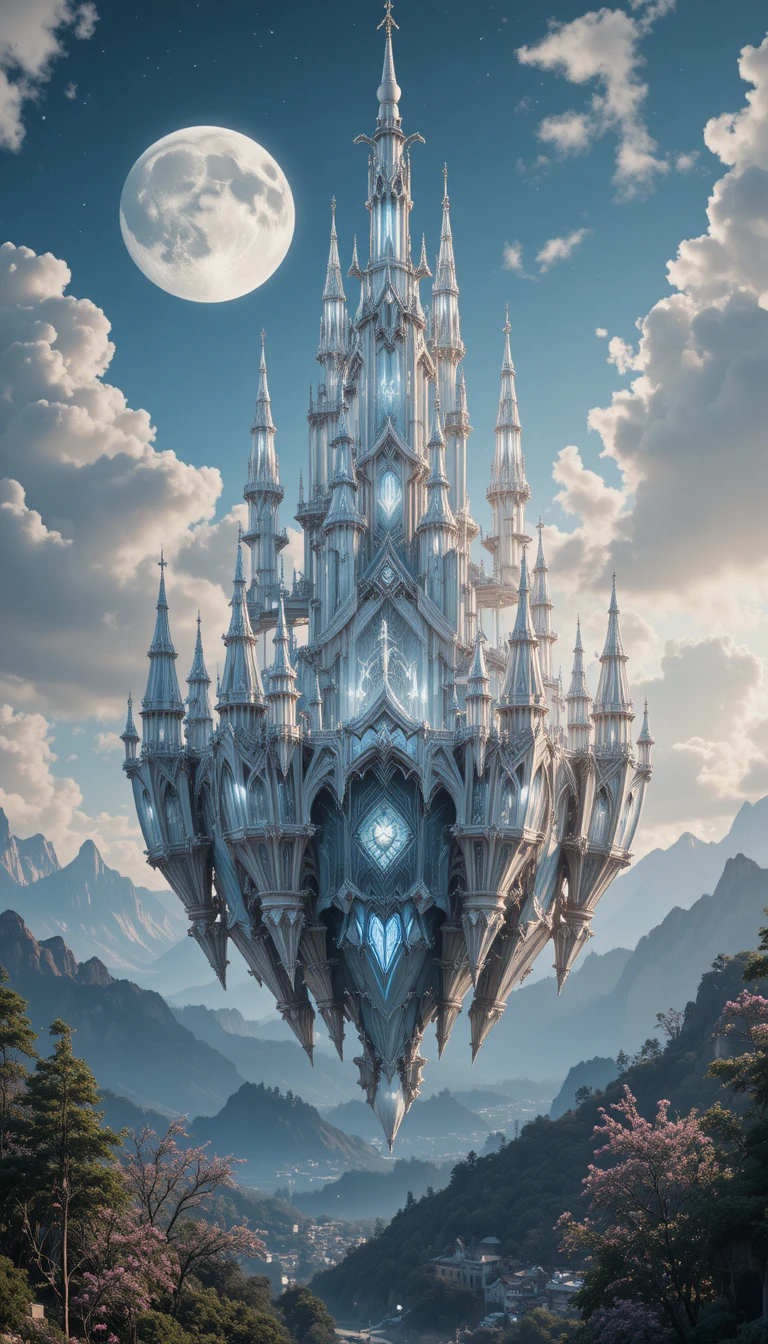 Château de cristal flottant brillant sous la lune lointaine