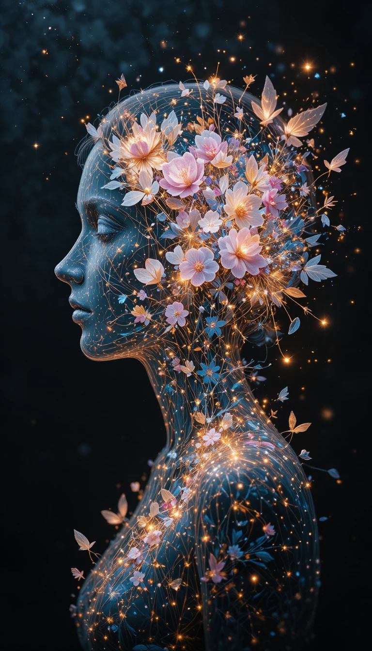 Anjos oníricos em dupla exposição com flores e estrelas em neon