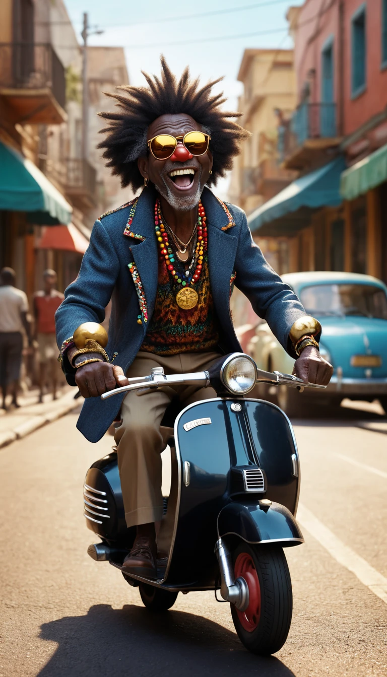 Palhaço idoso alegre andando em uma scooter Vespa vintage