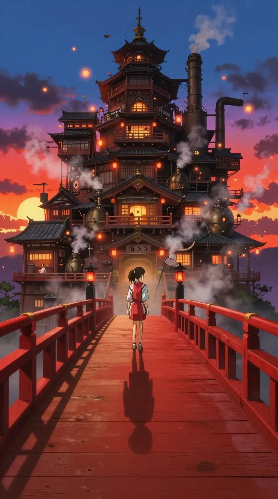 黃昏時紅橋上、巨大神浴場前的動漫女孩