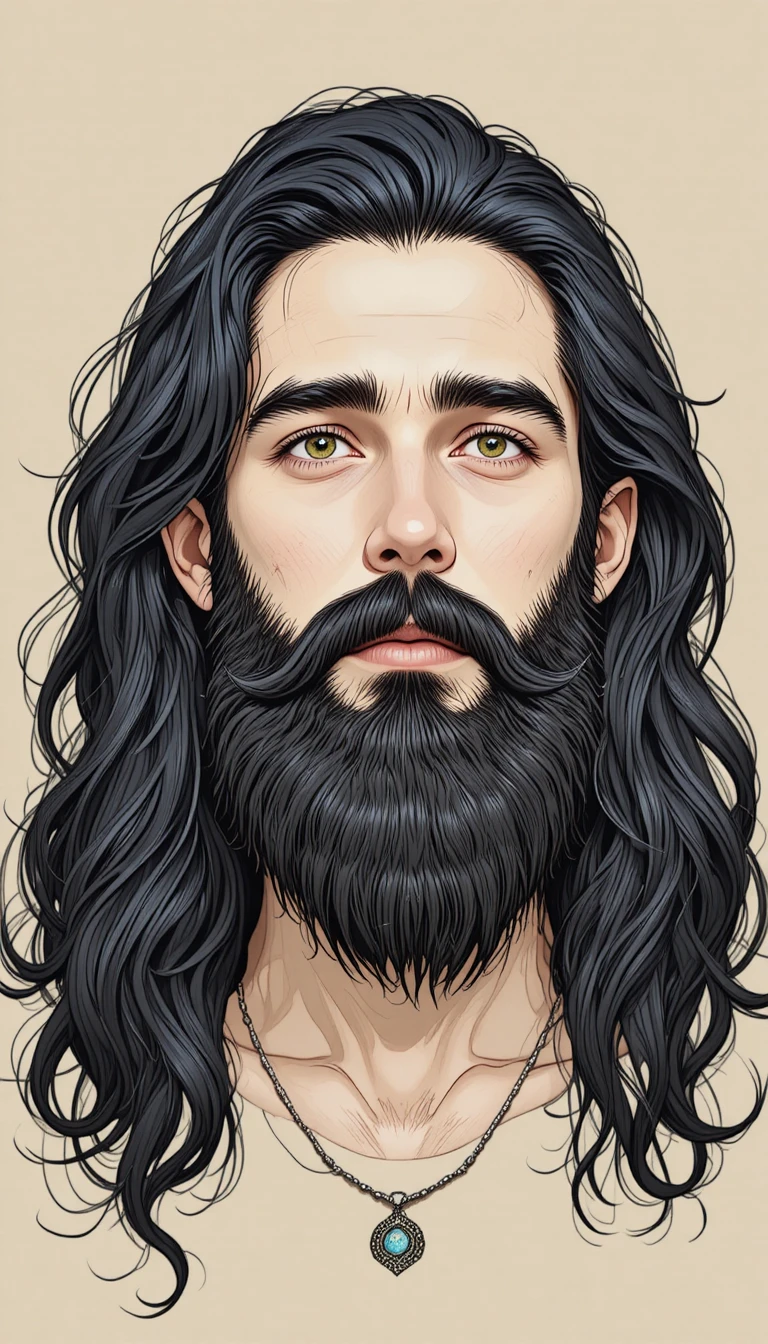 Portrait numérique d’un homme calme aux longs cheveux foncés