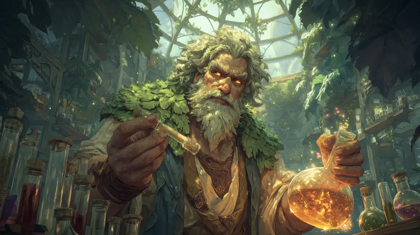 Älterer Alchemist mischt leuchtenden Trank im alten Gewächshaus