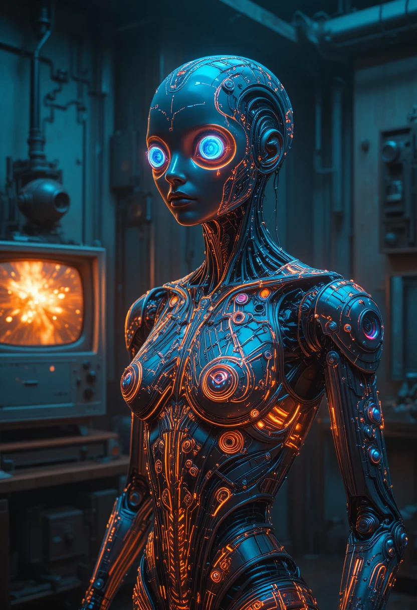 Elegantes Androiden-Porträt in einem dunklen retrofuturistischen Raum