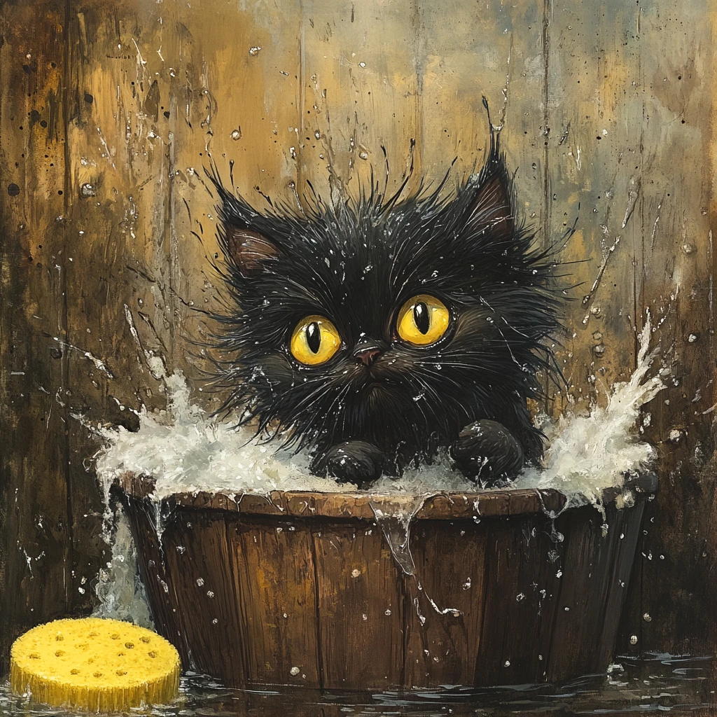 Gatinho preto molhado em um balde de madeira com espuma flutuante