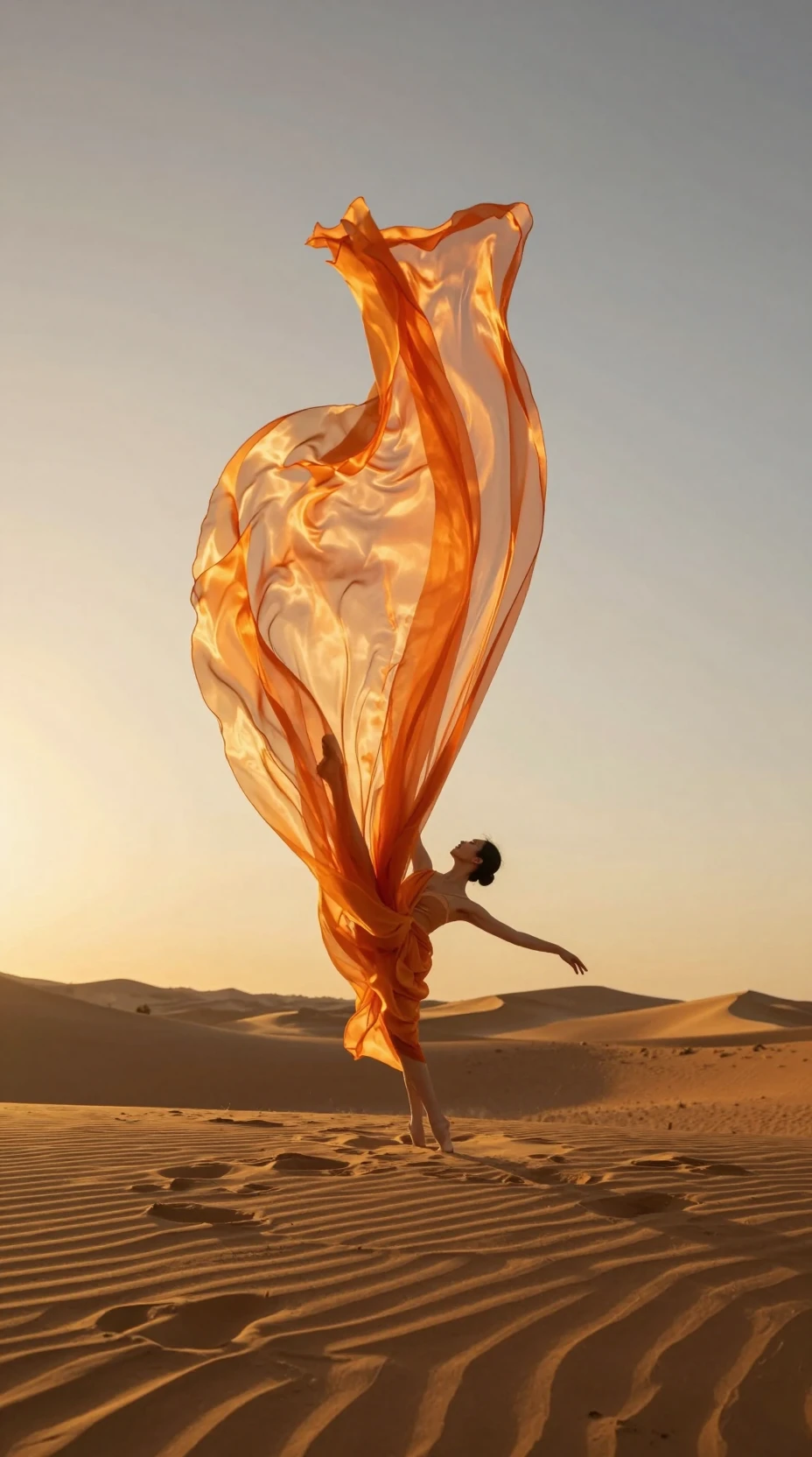Ballet dancer with flowing chiffon in the desert sunset