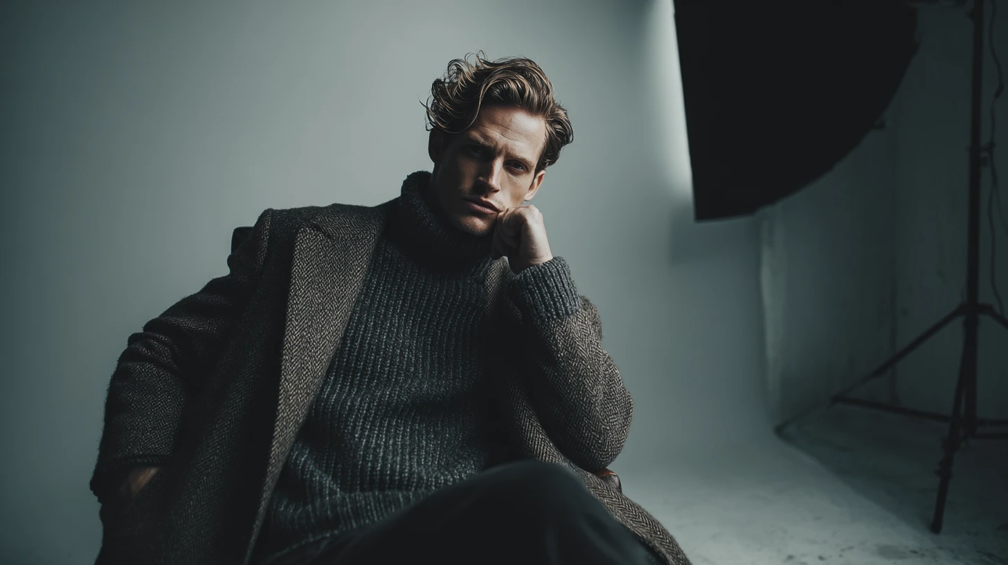 Retrato de estudio cinematográfico de hombre con capas oscuras de invierno