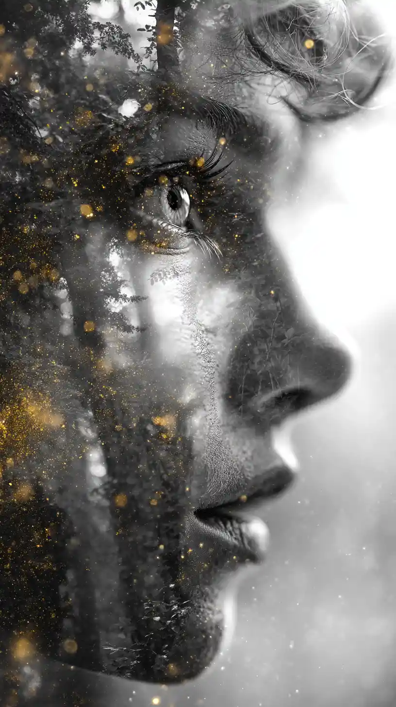 Surreal double exposure portrait in a magical forest