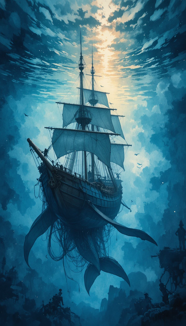 Baleia em aquarela flutuando por um sereno amanhecer subaquático