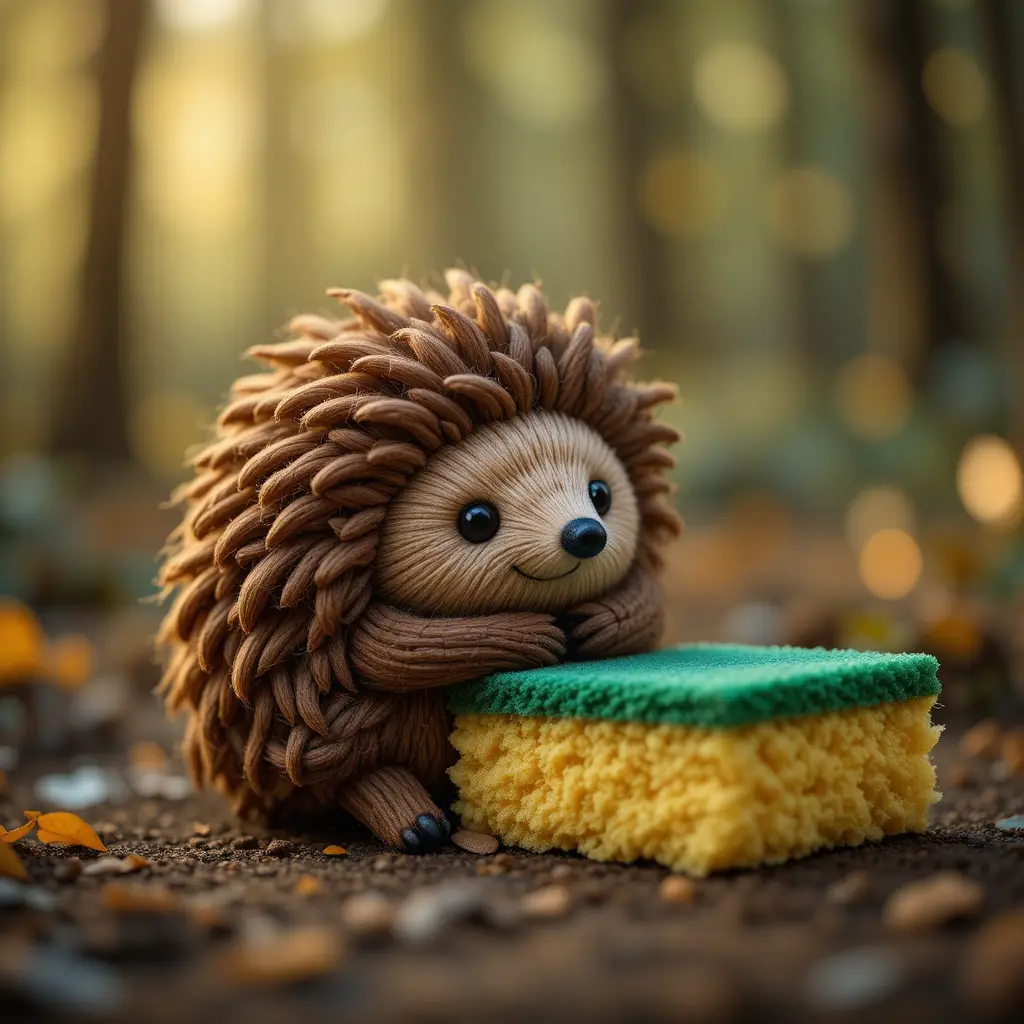 Gestricktes Igel-Plüschtier umarmt Küchenschwamm im Wald