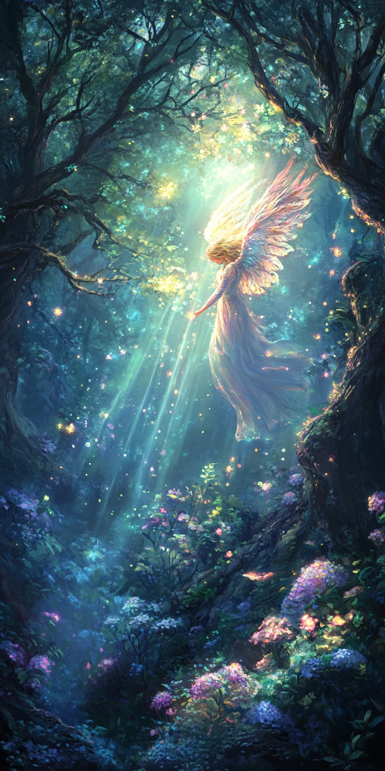 Anjo descendo em feixes de luz em uma floresta encantada