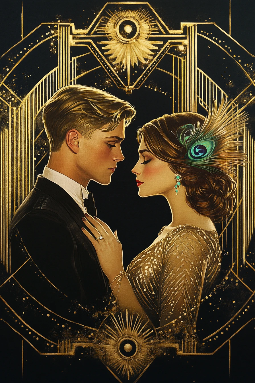 Casal elegante em art déco em um abraço romântico dourado