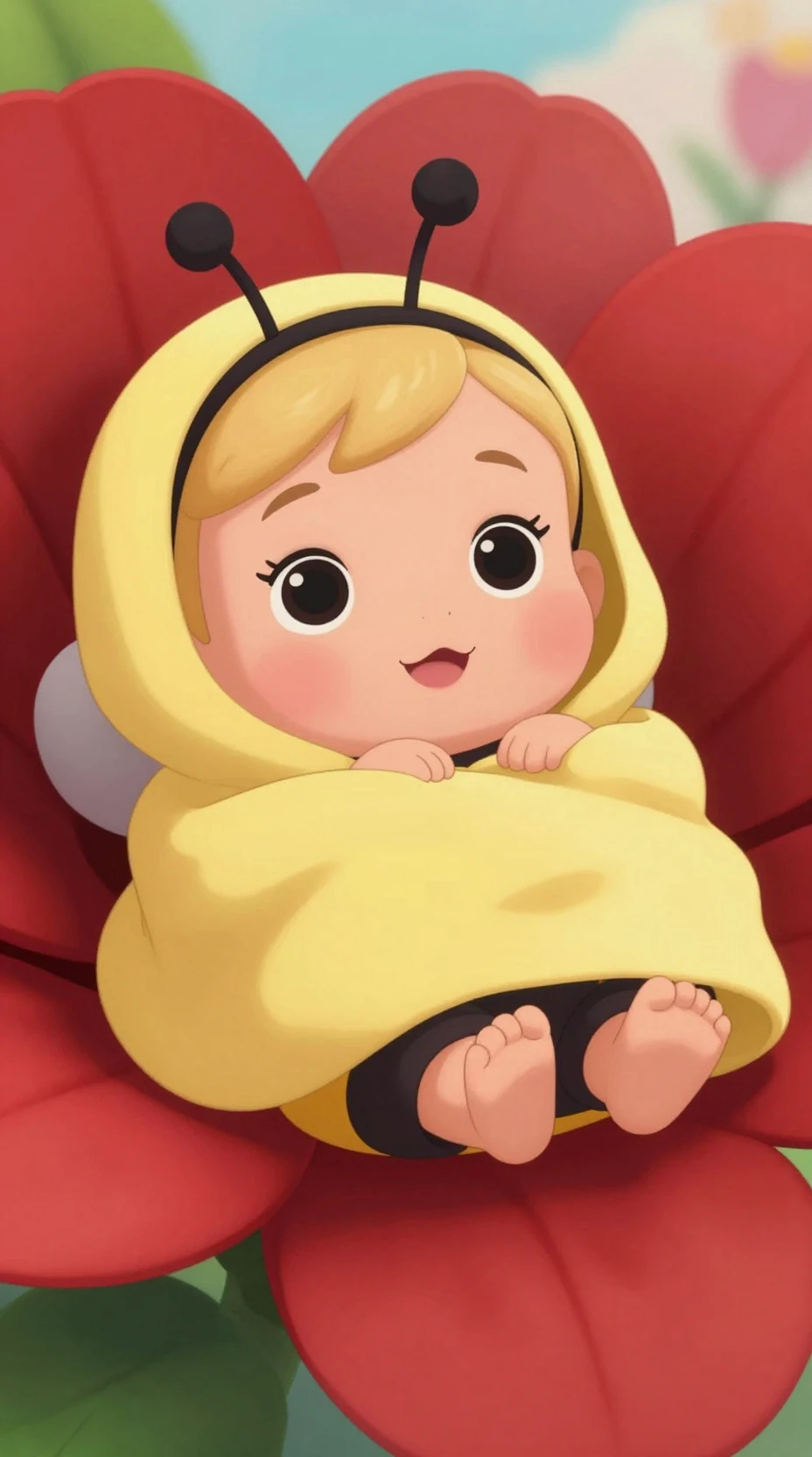 Bebê menina em desenho animado fantasiada de abelhinha sobre uma flor