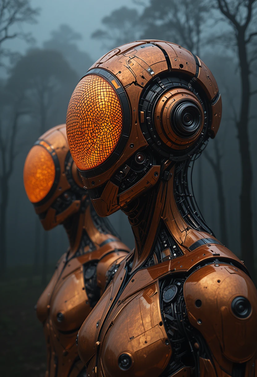 Close-up de um robô humanoide futurista em uma floresta enevoada
