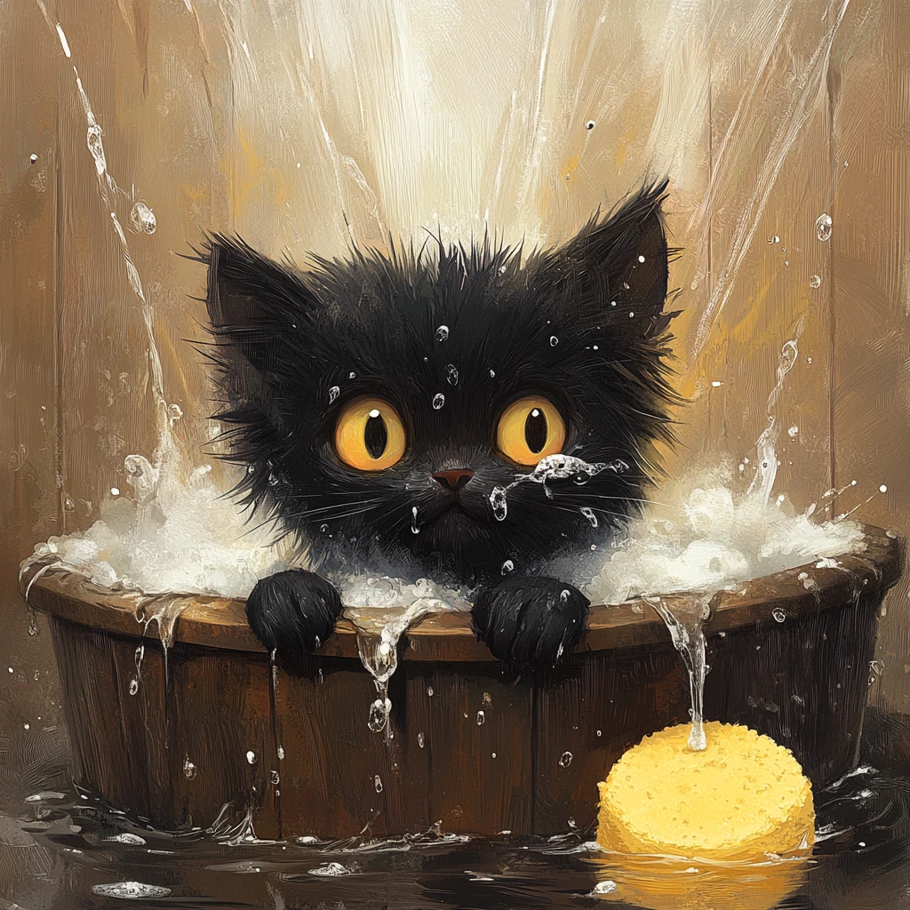 Gatinho preto molhado em uma tina de madeira com espuma lúdica