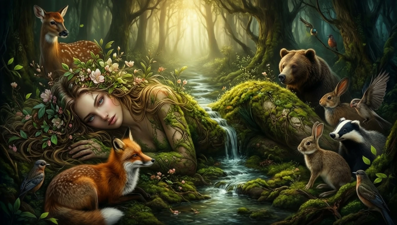 Portrait doux d’une femme avec des fleurs sur fond de forêt