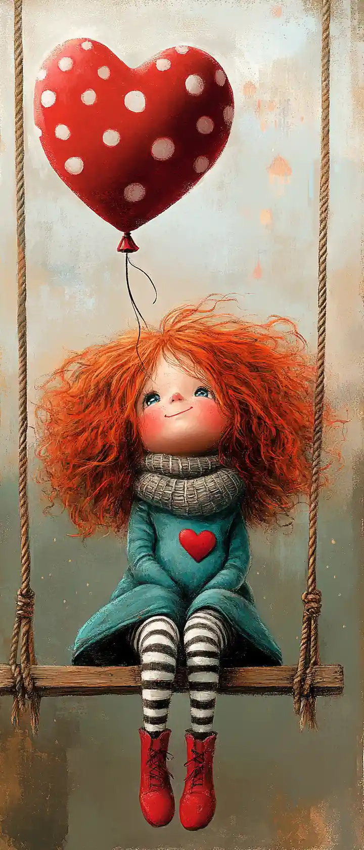 Red haired girl on a swing with heart balloon